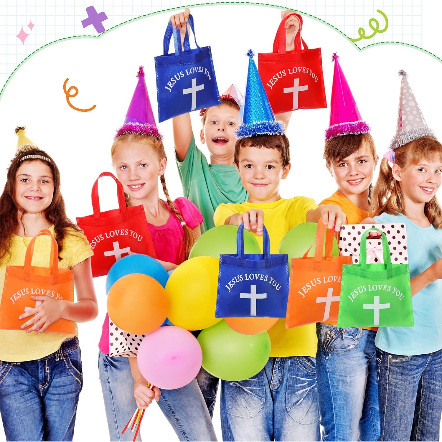 Sweetude 30 Pcs Jesus Loves You Non Woven Bags Bulk Christian Religious Gift Bag Reusable Goodie Treat Bags with Handles for Kids Church Christian Religion Gift - Image 5