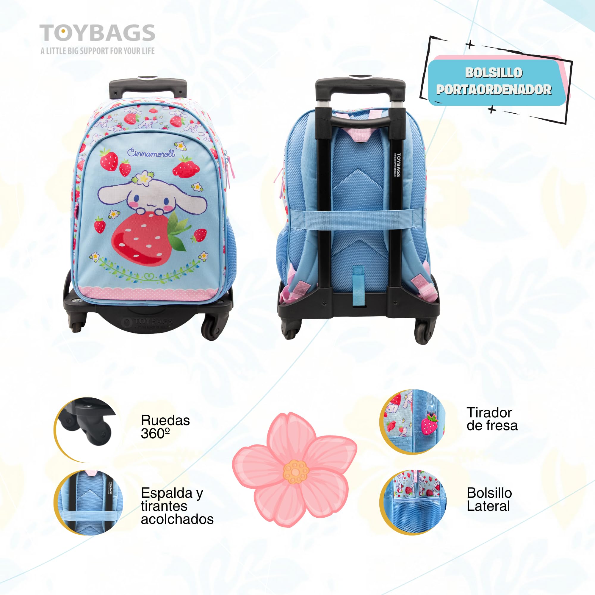TOYBAGS Mochila Escolar Cinnamoroll -DOBLE COMPARTIMENTO-Compartimento portalaptop + CARRO NEGRO PROTECCION LATERAL Y STOPER FRONTAL 4 ruedas giratorias - 44 X 30 X 20 CM