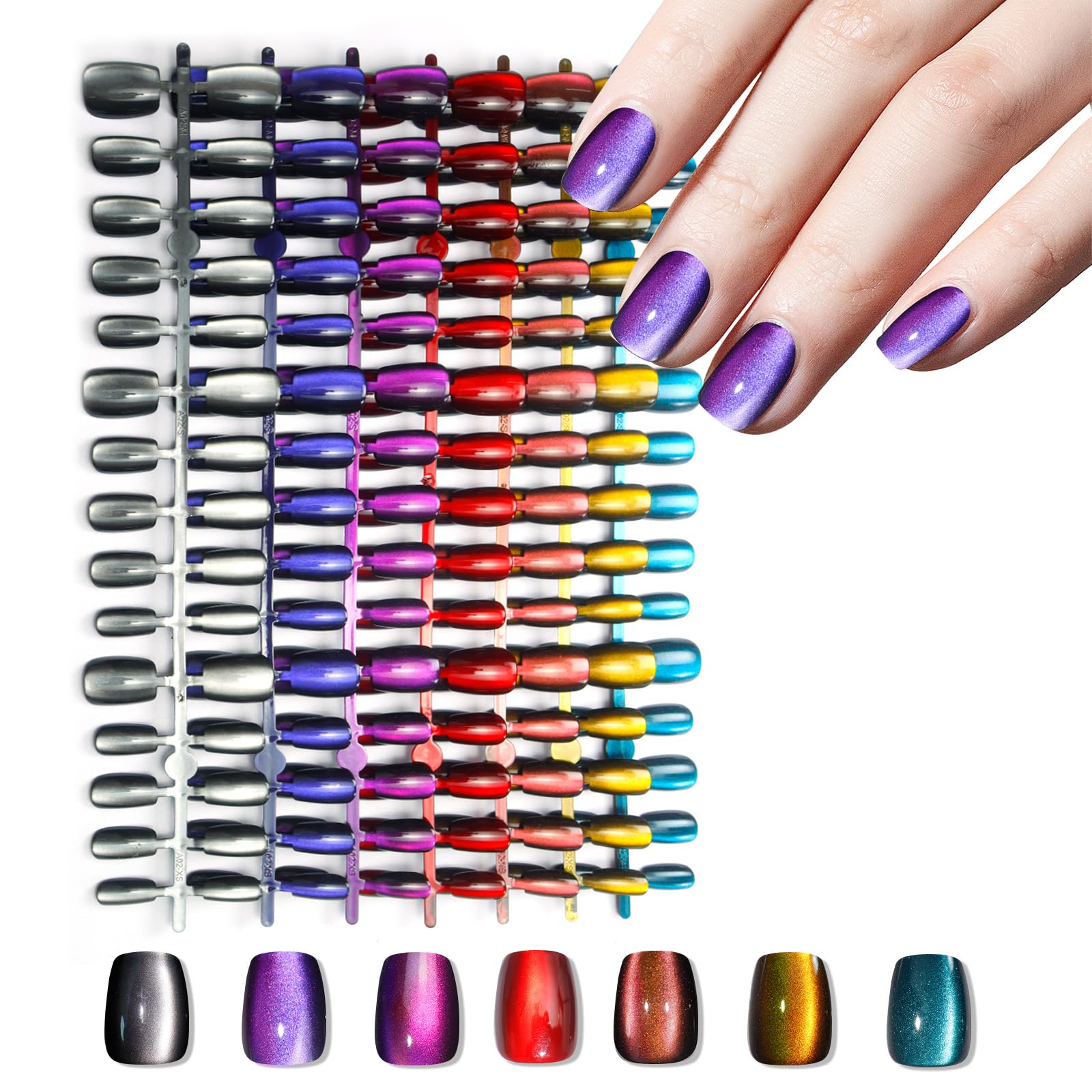 Laza 210pcs Cat Eye Press on Nails for Women 7 Colors Short Square Reusable Nail Tips in 15 Sizes Long Lasting Salon Fake Nails Stick on Artificial