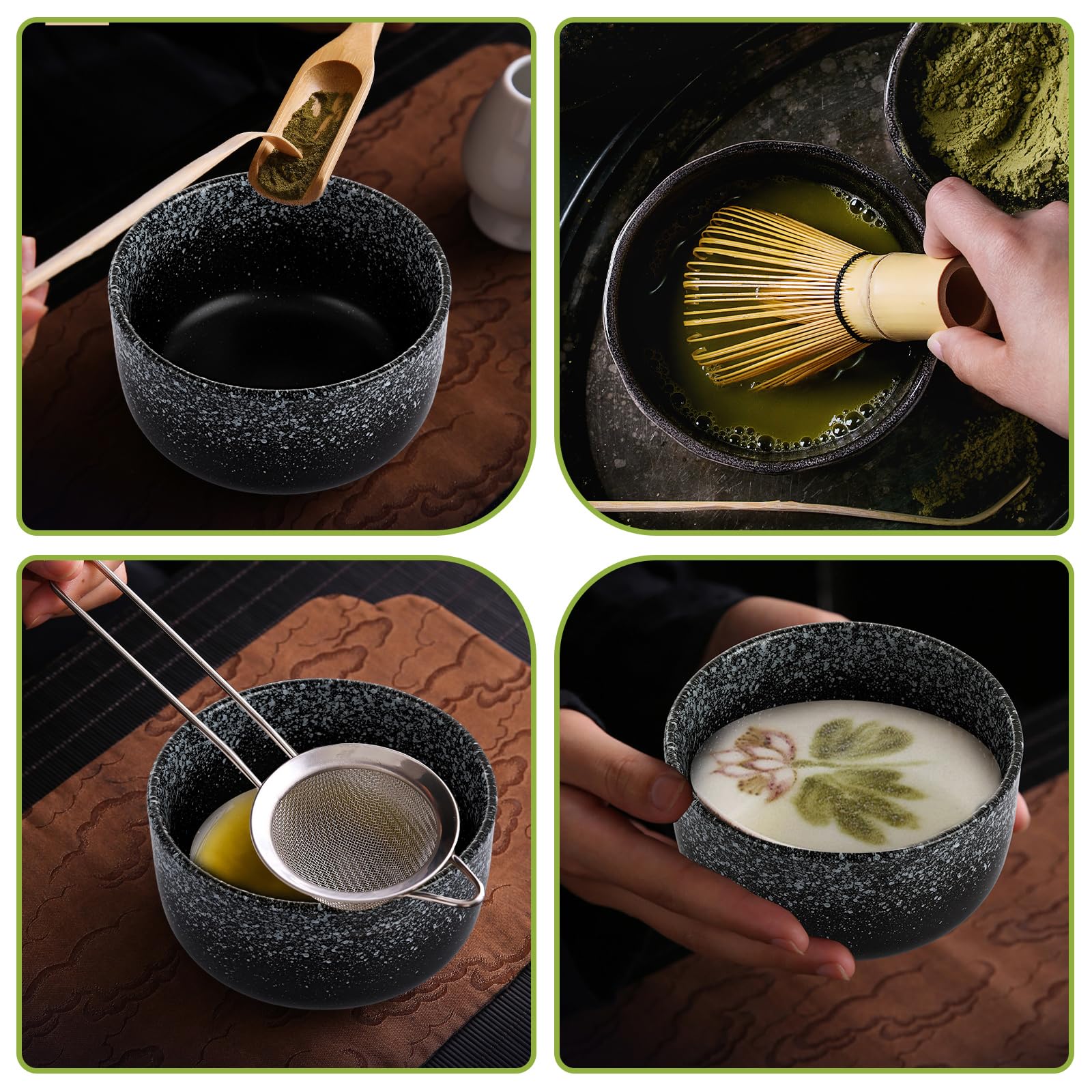 ASelected Matcha zestaw 6 miotł do herbaty Macha z miotłą matcha, miotłą matcha, łyżeczką, sitkiem do herbaty, uchwytem na miotłę, zestaw startowy do różnych napojów w proszku, takich jak kakao lub