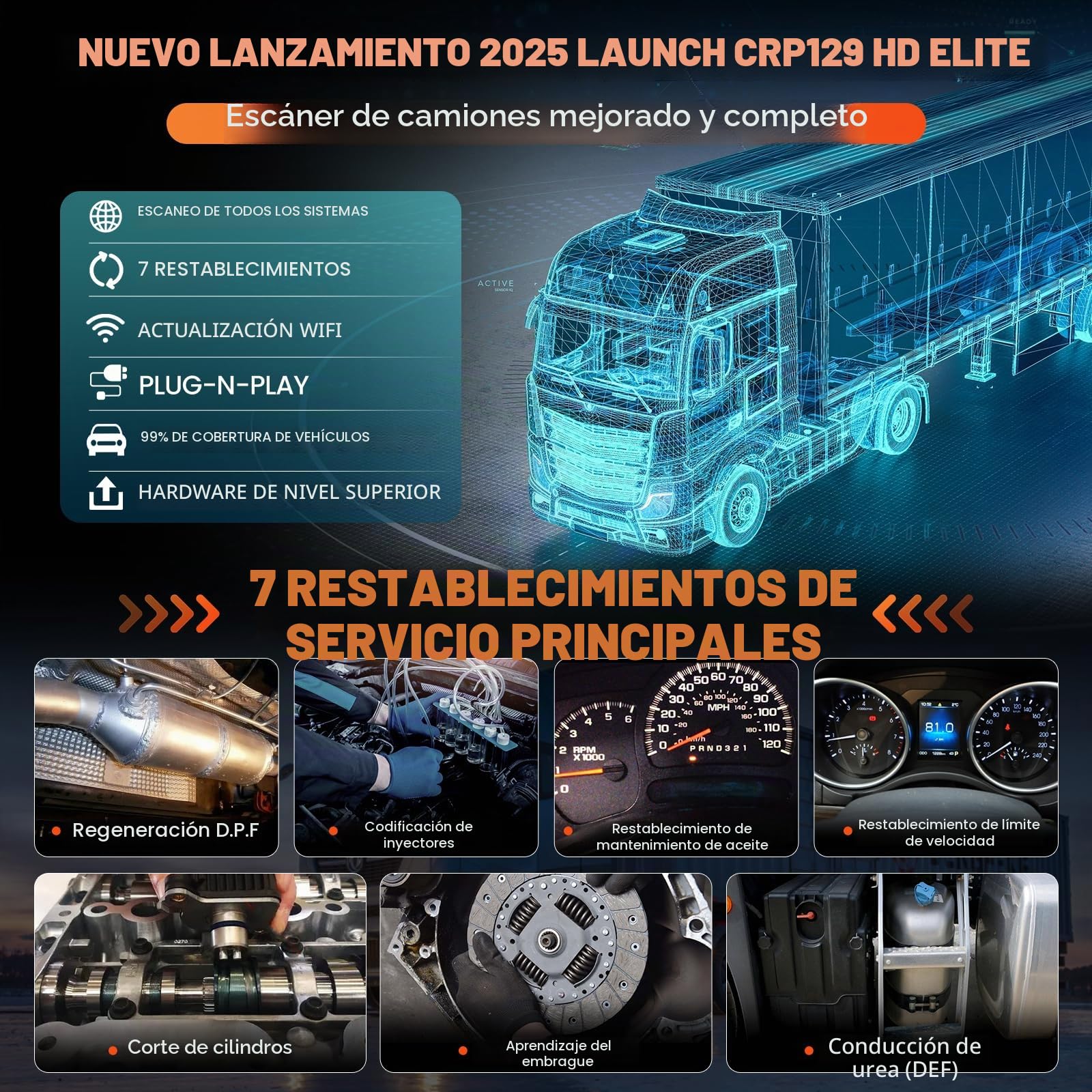 LAUNCH CRP129 HD Elite OBD2 Diagnosis Escáner for Camiones Pesados | Sistema Completo for Camiones, 7 Servicios de Restablecimiento for 99% Vehículos Comerciales. Herramienta OBD2 Diagnóstico.