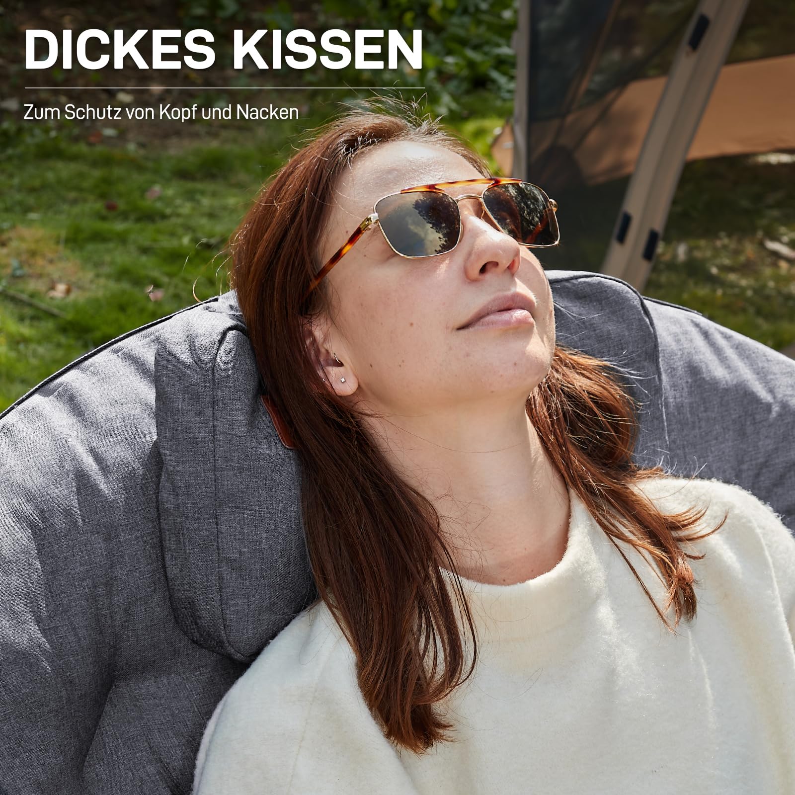EVER ADVANCED Luxus Moonchair XXL Campingstuhl Faltbar 150KG Belastbar Rund Klappstuhl Dick Gepolstert, Übergroßer Campingsessel mit Kissen, Extra Breit für Outdoor Camping Garten Balkon Indoor, Grau