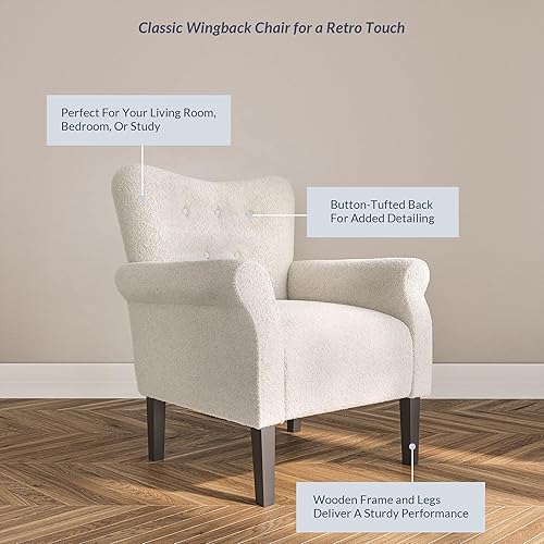 Miniatura 4 de BELLEZE Silla decorativa moderna para sala de estar, sillón de poliéster con respaldo alto con patas de madera, silla lateral tapizada con respaldo