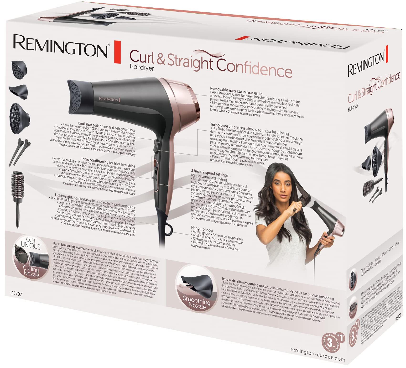 Remington Sèche-cheveux Ionique [Multifonction: boucle, ondule, lisse] Curl&Straight (2200W, 3 températures/ 2 vitesses, concentrateur incurvé unique, brosse à coiffer 45mm, accessoires) D5707