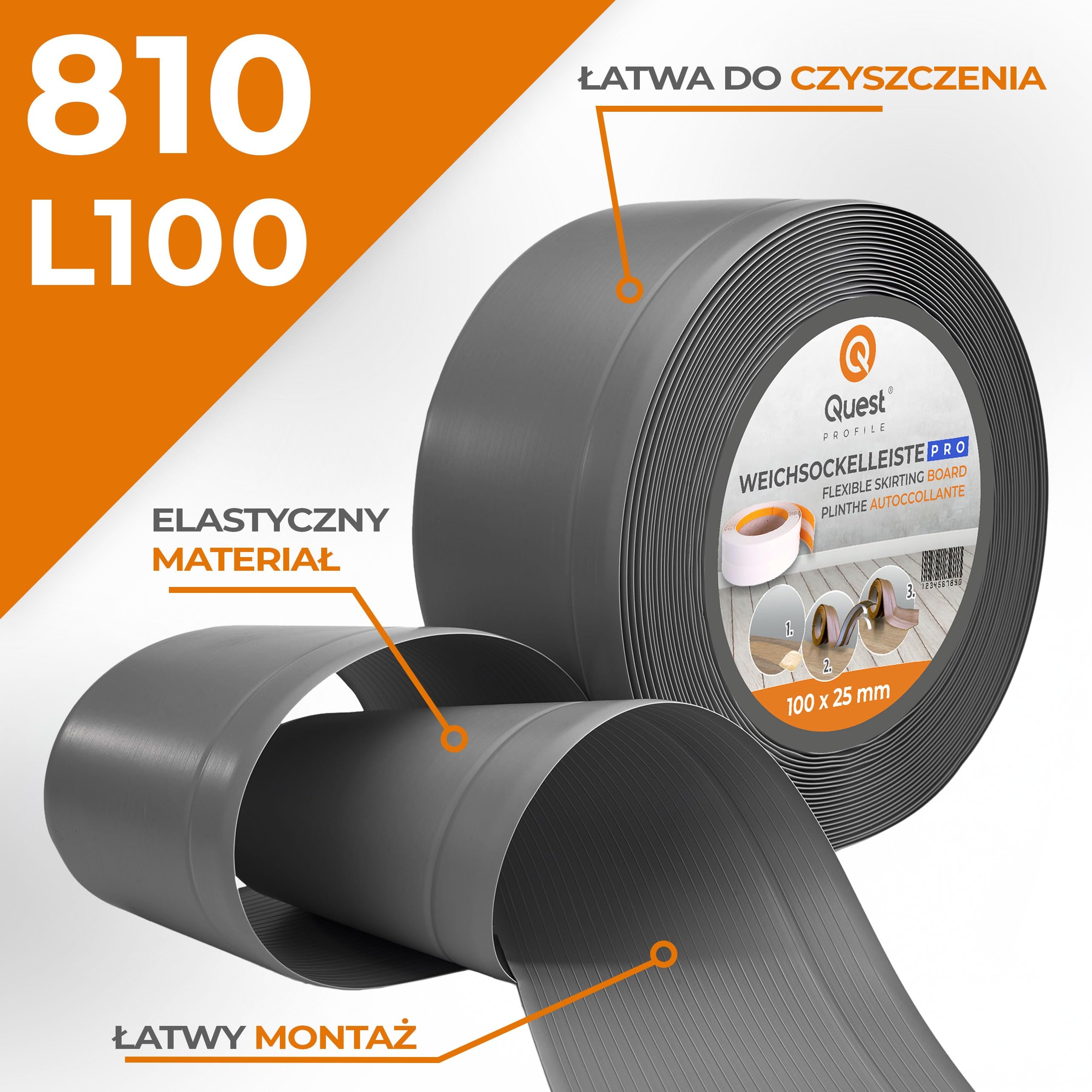Quest Listwa przypodłogowa elastyczna PVC 100x25 mm – ciemnoszary, 15 mb