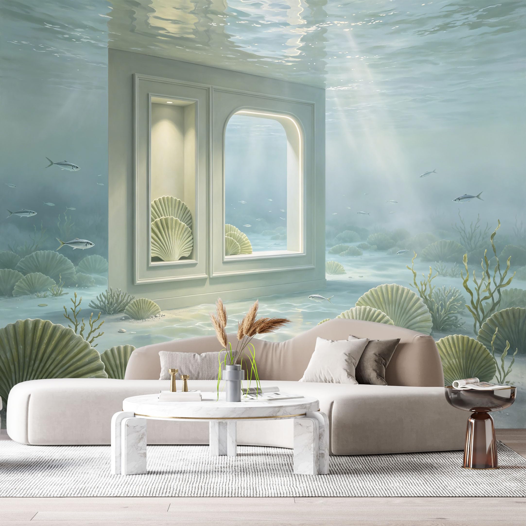Custom Size Wall Murals Ocean Marine Seashell Underwater Arch 3D Trompe L'Oeil SelfAdhesiveWall Fabric Removable Wallpaper Wall Decor for Living Room Bedroom Bathroom