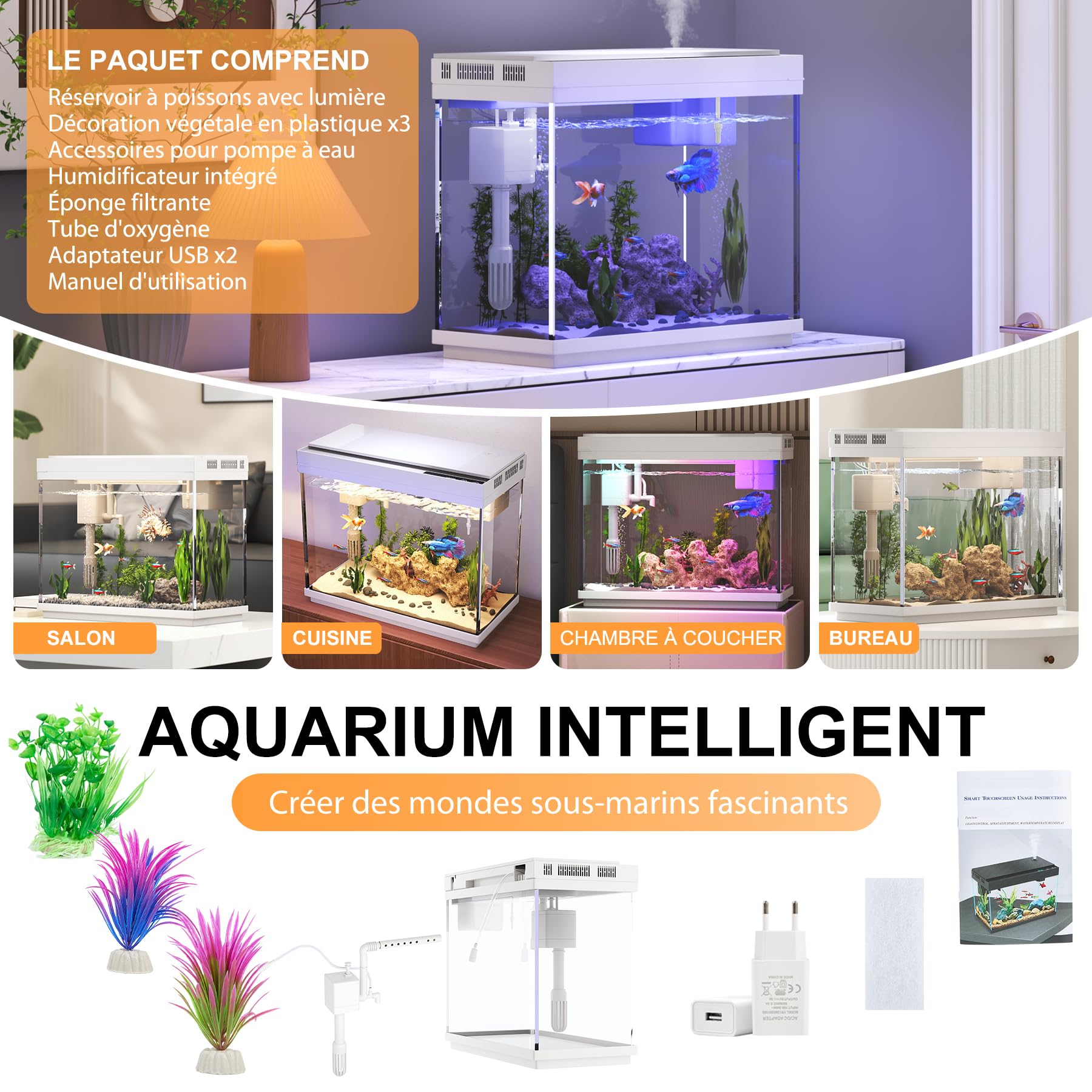 Vehipa Aquarium - Petit Aquarium 9L avec Humidificateur Intelligent, Système D'autocirculation 3 en 1, Affichage de la Température, éclairage 7 Couleurs, écran UHD