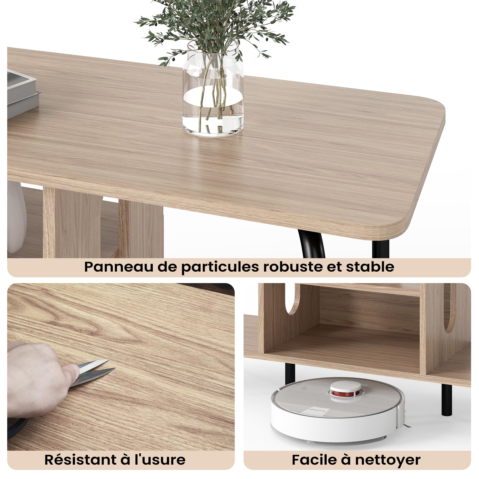 Manora Meuble TV 120 cm de Longueur, Meuble Tele avec 4 Espaces de Rangement Ouverts, Meuble Télé Bois, Structure en Acier Solide，2 Pieds Centraux Réglables, Meuble TV aux Coins Arrondis (Chêne)