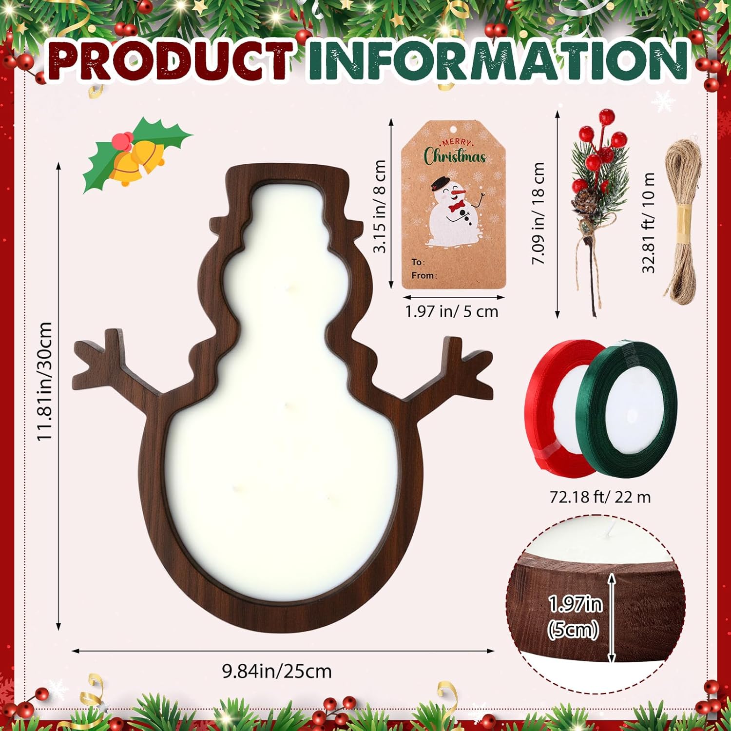 1 Set Wooden Christmas Bowl Candle Gifts 14oz Large Rustic Wood Christmas Dough Bowl Candle with Berries Pine Label for Xmas Farmhouse Table Centerpiece Decor, 11.81 x 9.84 in(Snowman)