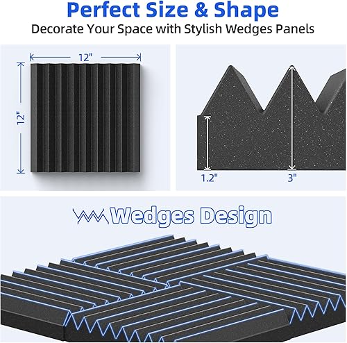Miniatura 5 de Paquete de 12 paneles de espuma a prueba de sonido para pared con autoadhesivo, paneles acústicos de alta densidad de 3 x 12 x 12 pulgadas, absorben