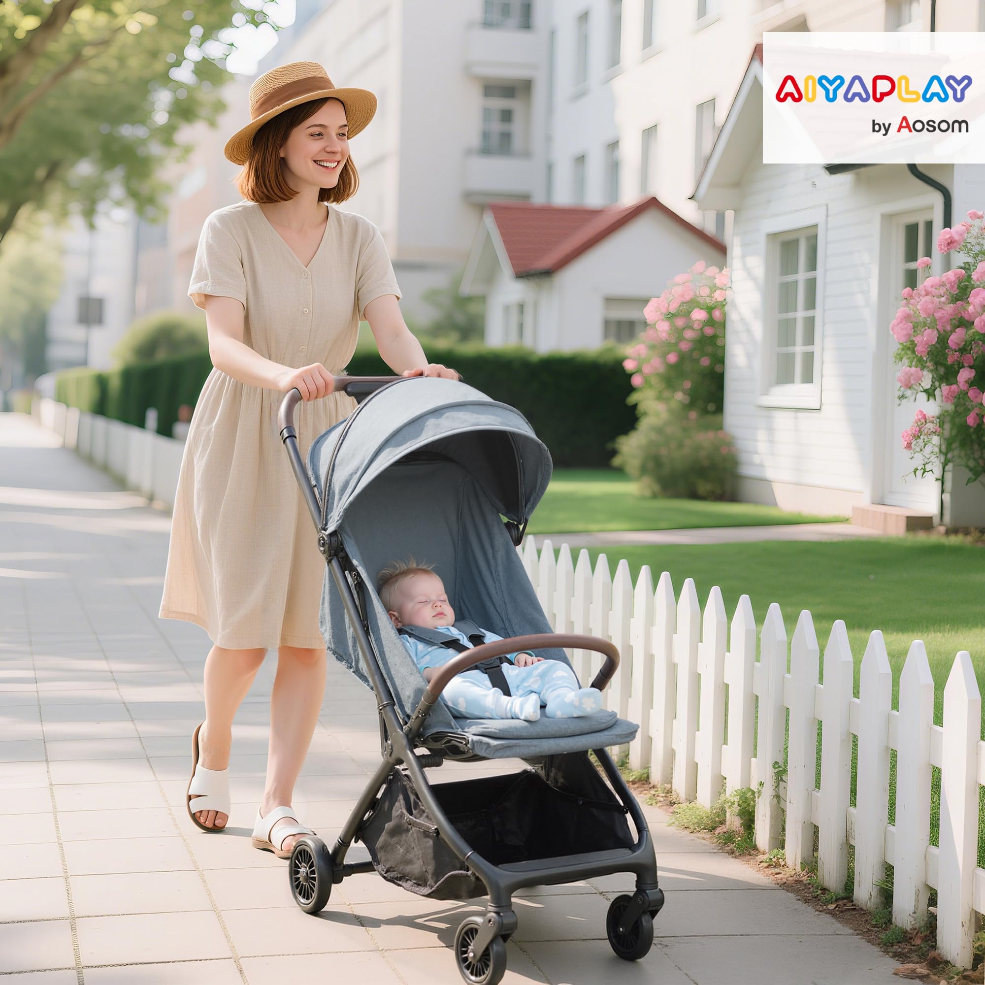 AIYAPLAY Silla de Paseo Ligera con Respaldo Reclinable y Reposapiés Ajustable, Carrito para Bebé Plegable, Capota, Arnés de 5 Puntos, Ruedas con Suspensión, Soporta hasta 15 kg, Azul Oscuro