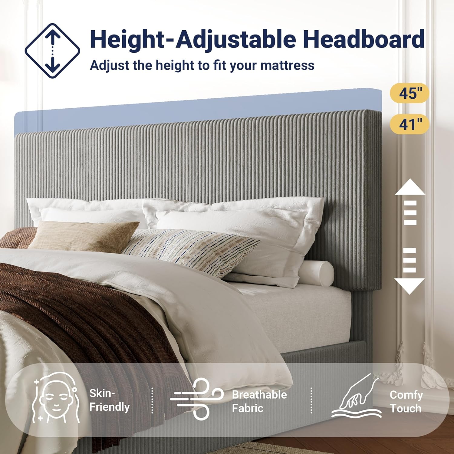 Allewie King Bed Frame, Upholstered Platform Bed, Adjustable Vertical Channel Tufted Headboard, Corduroy Fabric, Modern Low Profile, Wooden Slats, No Box Spring Needed, Easy Assembly, Light Grey