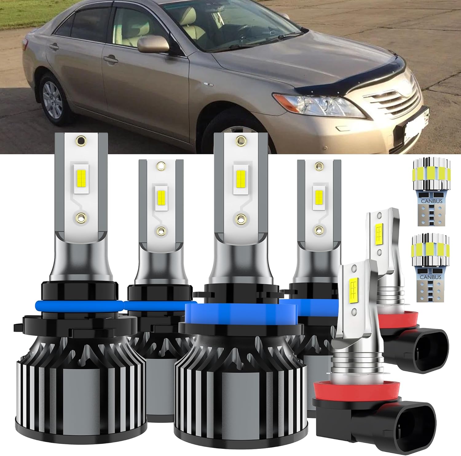 Bulbs Fit For Toyota Camry 2007-2014, High Beams+ Low Beams+ Fog Lights+ License Plate Lights Combo, 400% Brightness 6000K White Light, Direct Replacement, Plug-N-Play, 8 Pack