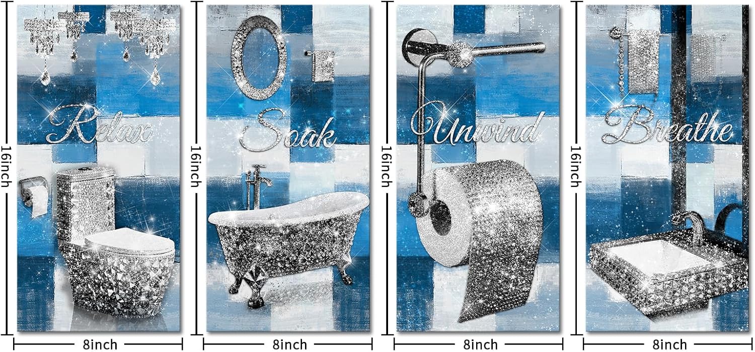 Conipit Gliter Bathroom Wall Art Decor Blue and Silver Canvas Prints 4 Piece Set with Relax Soak Unwind Breathe 8''x16''x4 (blue)