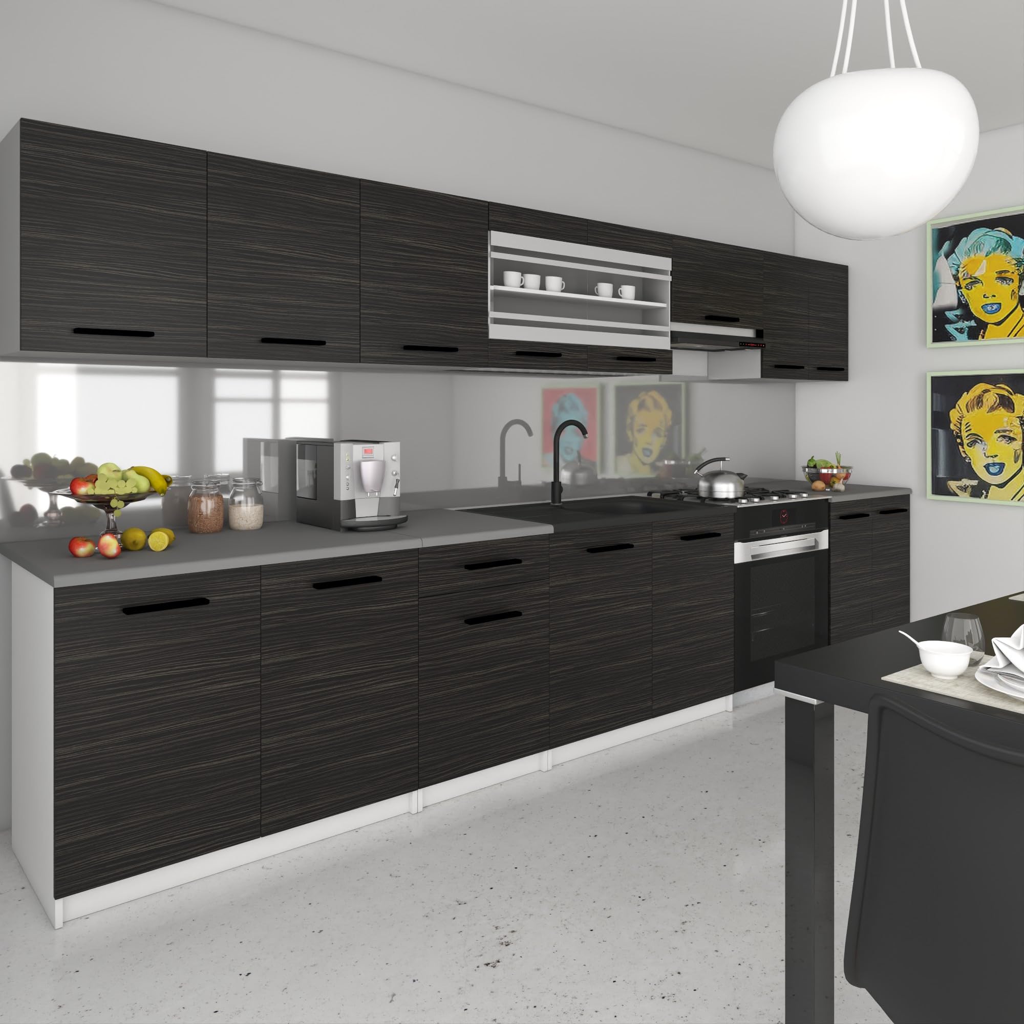 Belini Italia 3 Liniowa szafka kuchenna 320cm Heban | ECONATURA DECOR Liniowa szafka kuchenna, szafka, bez sprzętu AGD, z blatem roboczym