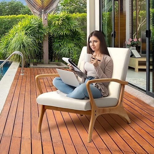 Miniatura 4 de CDCASA Silla decorativa moderna de mediados de siglo con cojín, 28.3 pulgadas de largo, reposabrazos tapizada de tela de lino con marco de madera