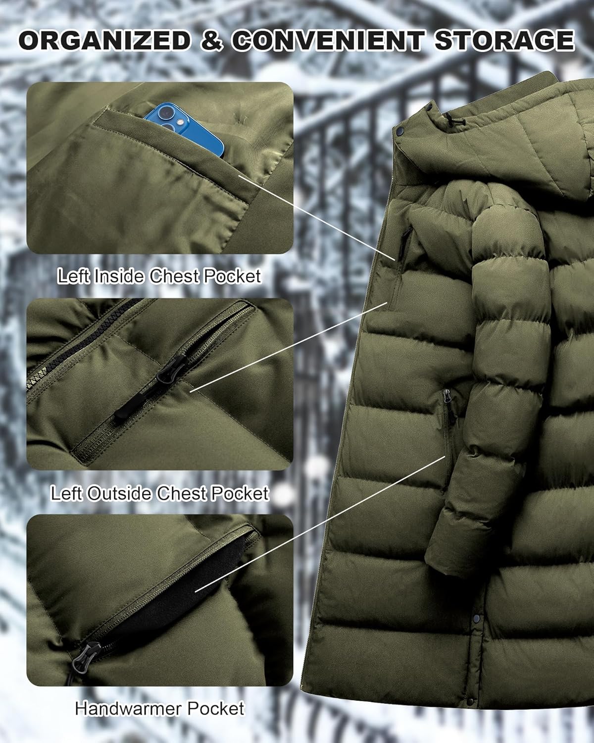 Men's Winter Coat Extra Long Puffer Jacket Waterproof Thicken Parka Insulated Outerwear with Removable Hood - Image 7