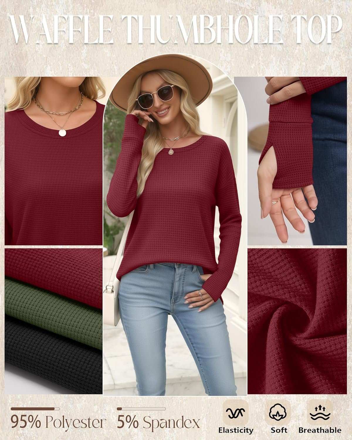 Women's Oversized Waffle Knit Tunic Tops, Long Sleeve Crew Neck Drop Shoulders Shirts with Thumb Hole Loose Blouse - Image 5