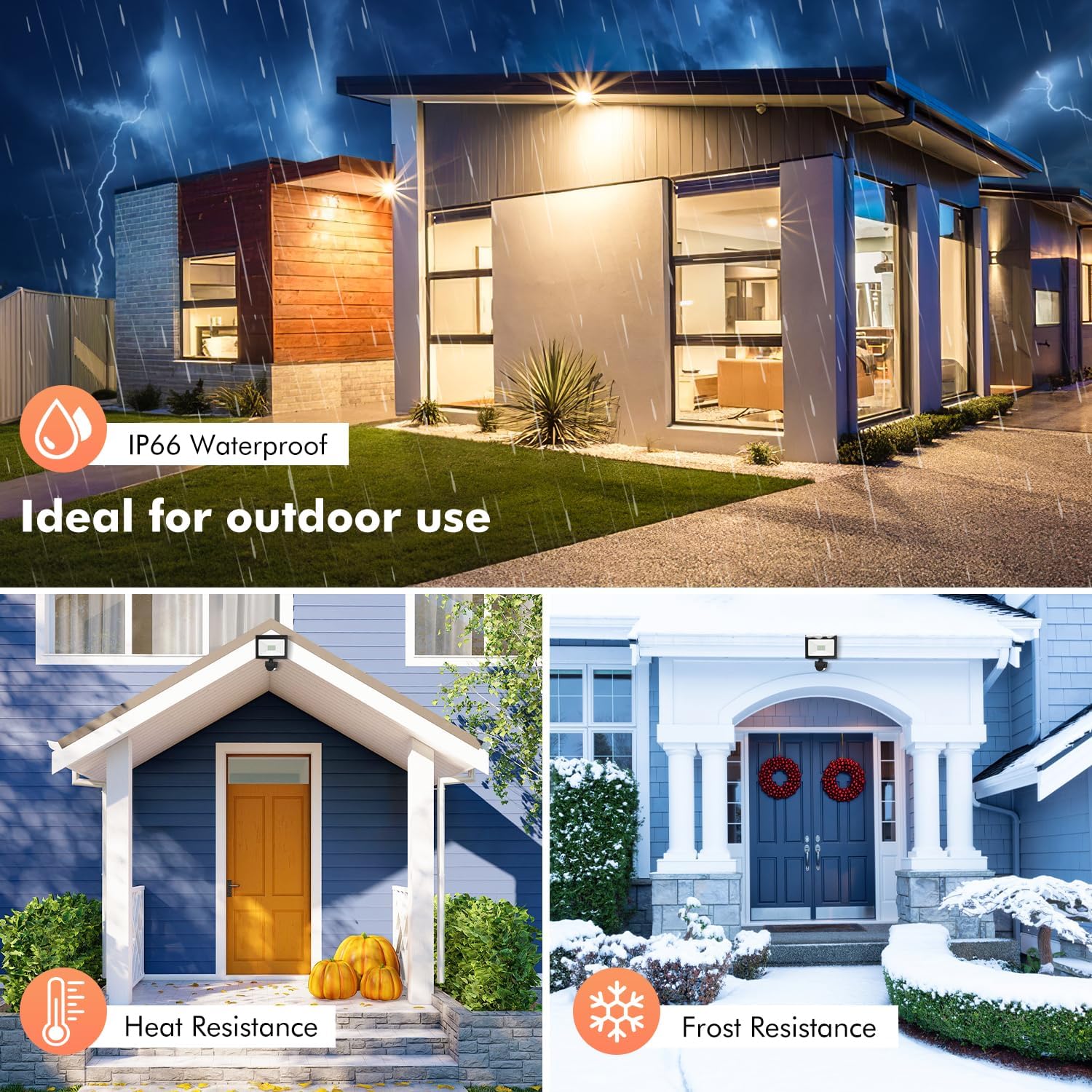 MEIKEE LED floodlight showing IP66 waterproof rating and resistance to heat and frost.