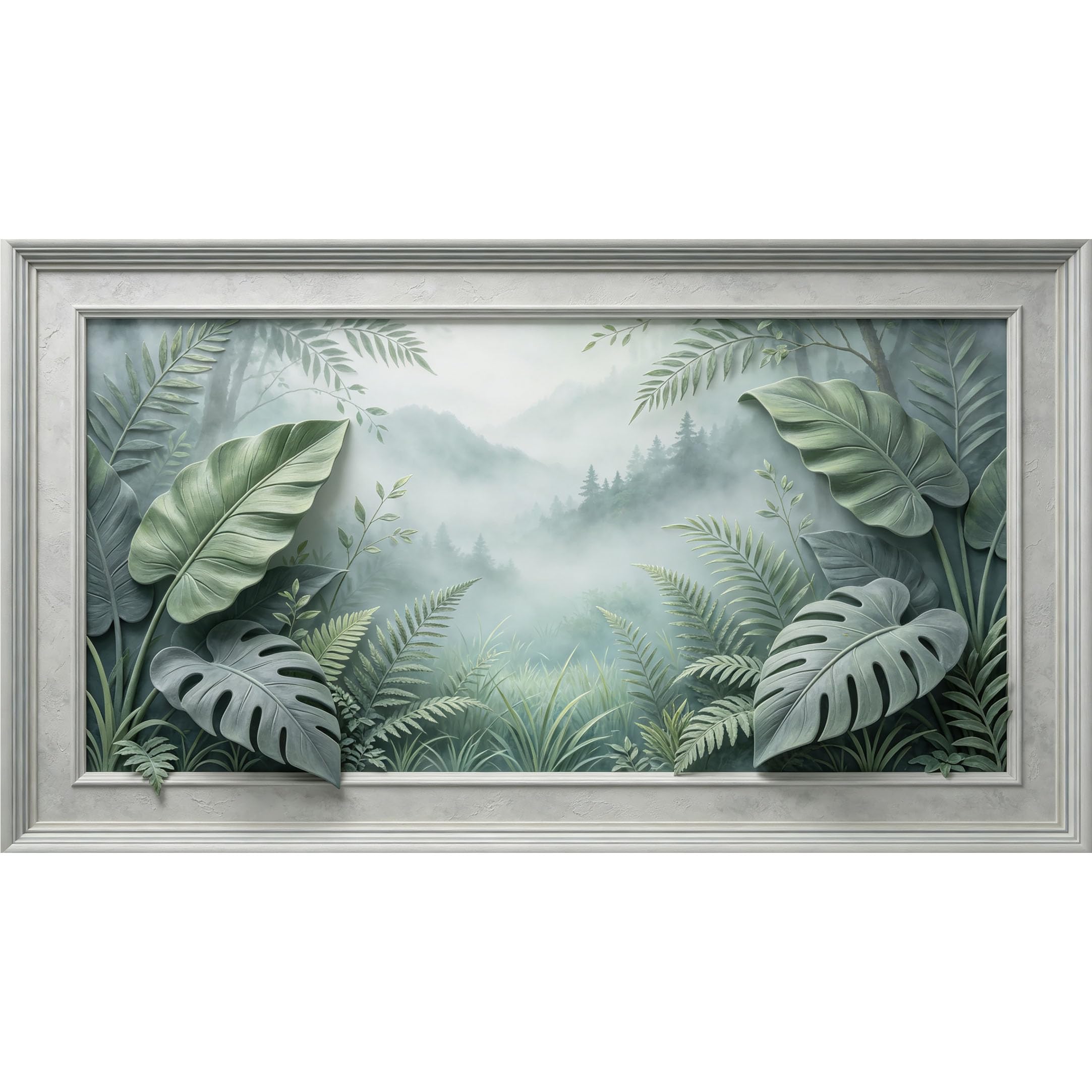 QZLITHOTIC 50×90cm3D Framed Wall Art， Misty Tropical Forest Botanical Landscape SelfAdhesive Mural， WaterActivated Peel & Stick Fabric Decor Wall Decal for Bedroom Living Room