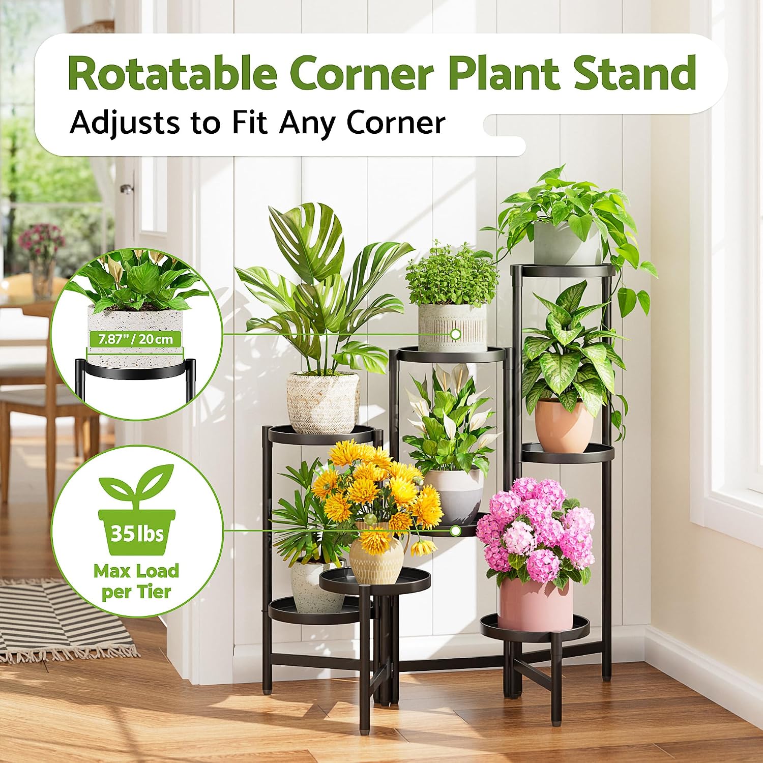 8 Tiered Plant Stand Indoor for Multiple Large Planter, Tall Heavy Duty Adjustable Folding Rack with Rustproof 7.9 Inch Wide Tray, Plant Shelf for Corner Living Room - BlackDisk