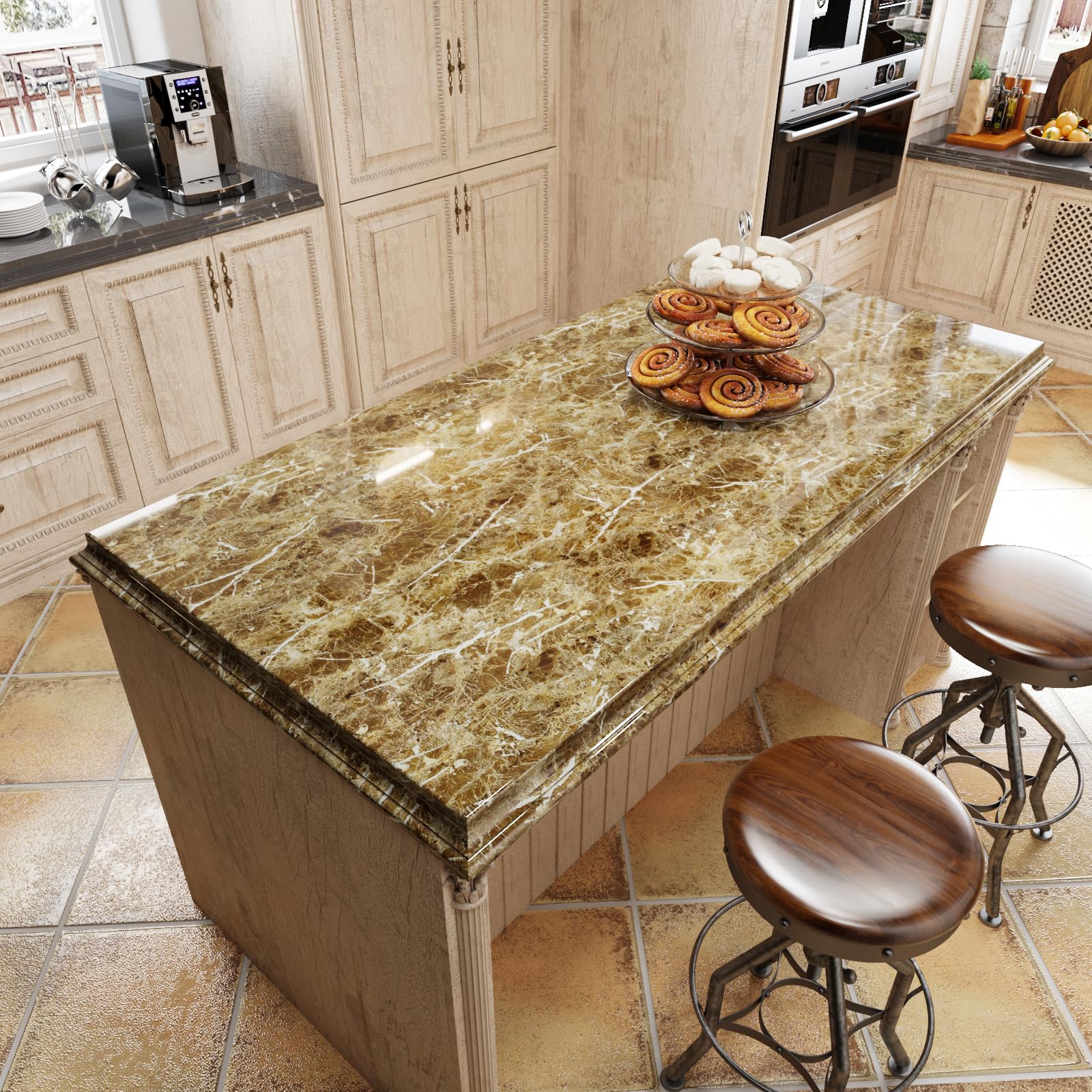 VaryFloral Light Brown Peel and Stick Wallpaper 30cmx300cm Marble Wallpaper Glossy Brownish White Vein Sticky Back Plastic Waterproof Removable Contact Paper Worktop Vinyl Covering Furniture Cabinet - Image 3