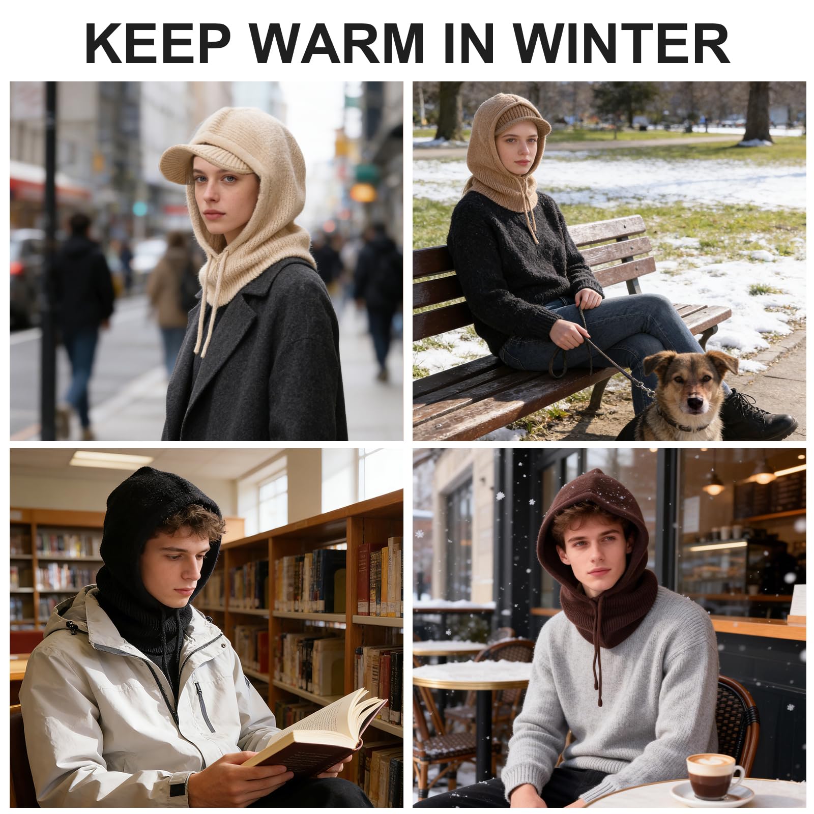 Mujer Invierno Gorro de Punto y Bufanda con Capucha, 2 en 1 Térmicos Prueba de Viento Ajustable Pasamontañas, Moda Gorro con Visera Calentador de Cuello para Deportes al aire libre Diario Correr
