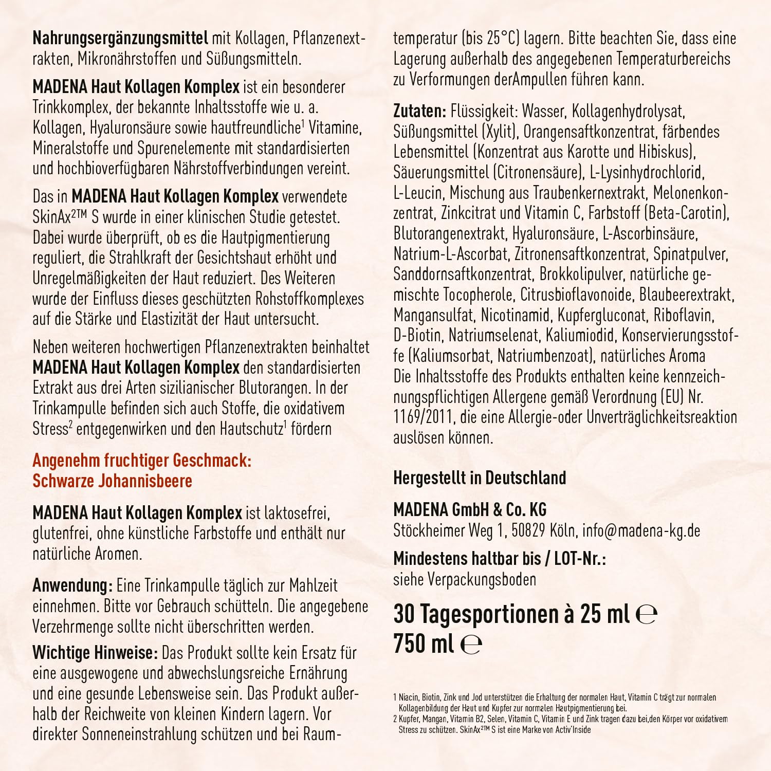 MADENA Haut Kollagen Komplex, 30 Ampullen für strahlende Haut, mit SkinAx2®, Verisol® Kollagen-Peptiden, Blutorangenextrakt, Hyaluronsäure & Vitamin C