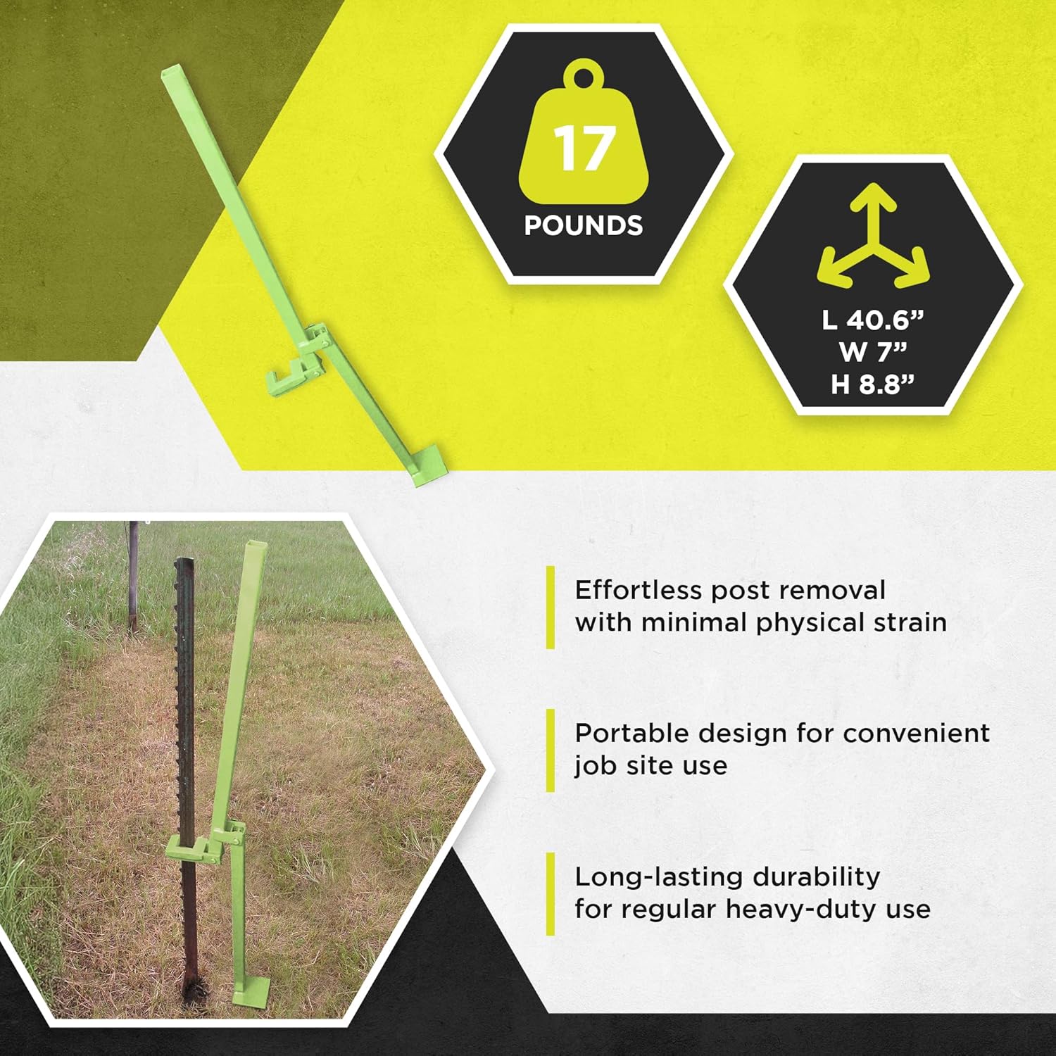 Field Tuff 17 Pound Lightweight Manual T Post Puller for Buried Studded T Post Removal with 3 Foot Handle for Added Leverage, PG-07