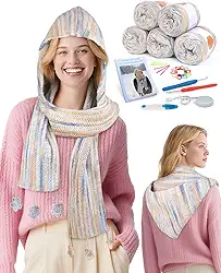 Coopay Kit de crochê para iniciantes, kits de crochê para adultos e crianças – 4 pontos básicos para completar cachecol com capuz, perfeito para crochê cachecol com capuz com instruções passo a passo