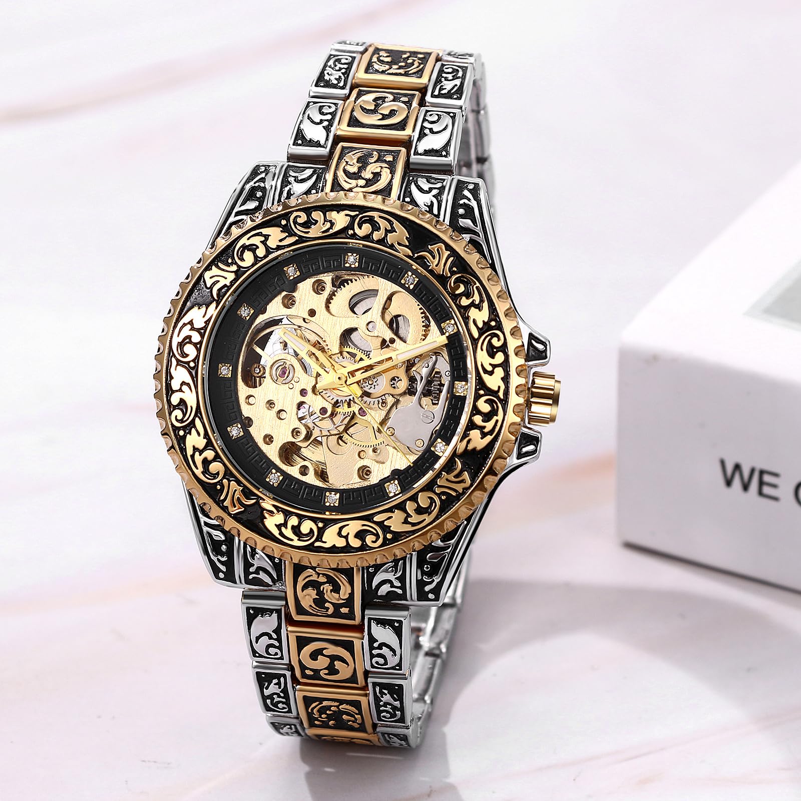 JewelryWe Zegarek męski w stylu vintage, szkielet: 2 sztuki, 36 godzin, rezerwa biegów, automatyczny, mechaniczny, ze stali nierdzewnej, automatyczny zegarek ze świecącymi wskazówkami, skala
