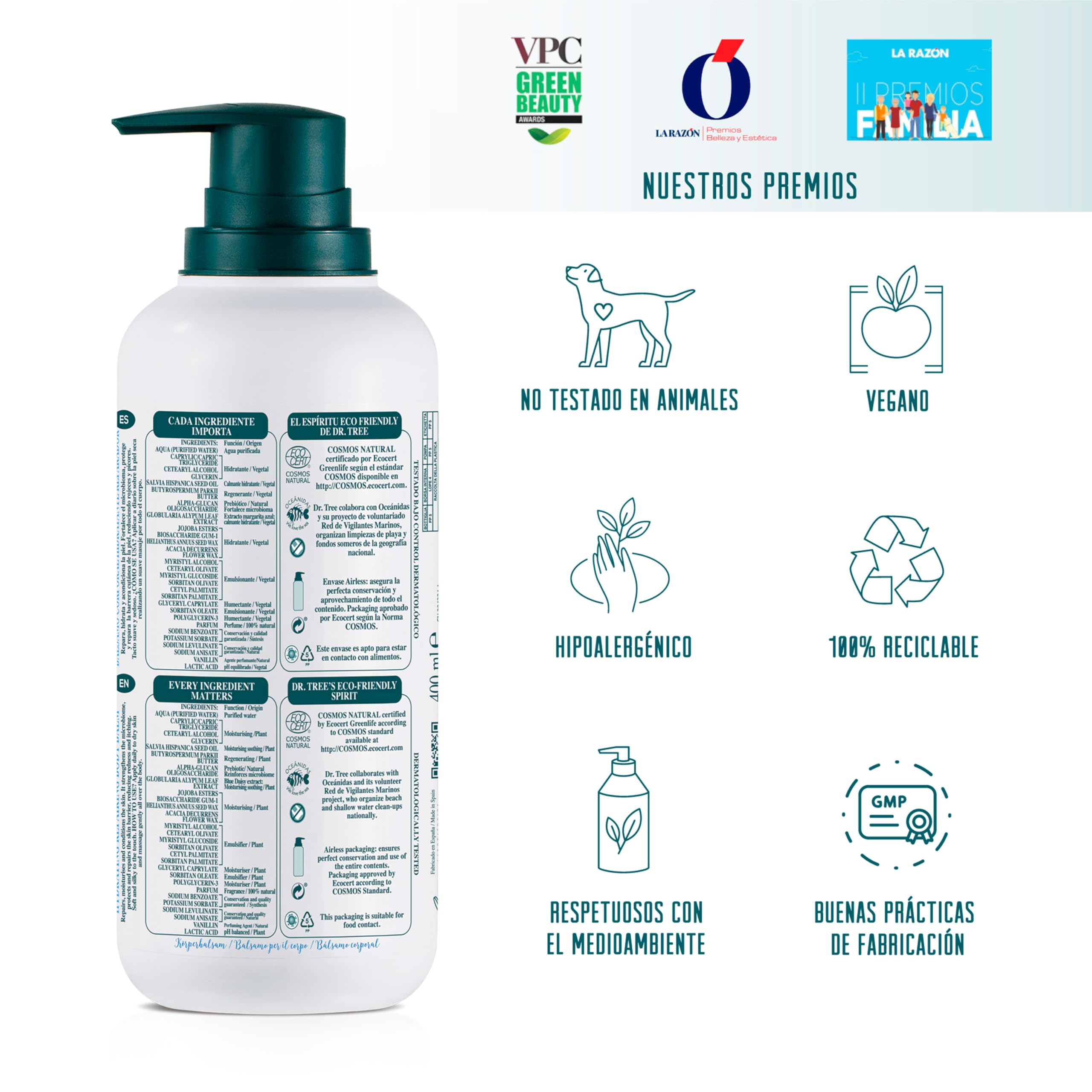 Dr. Tree Bálsamo Corporal Hidratante, Pieles Sensibles, Repara y Nutre, Rápida Absorción, Airless, Sin Sulfatos SLE, SLS, Sin parabenos, Sin siliconas, 99,5% Ingredientes Naturales, ECOCERT