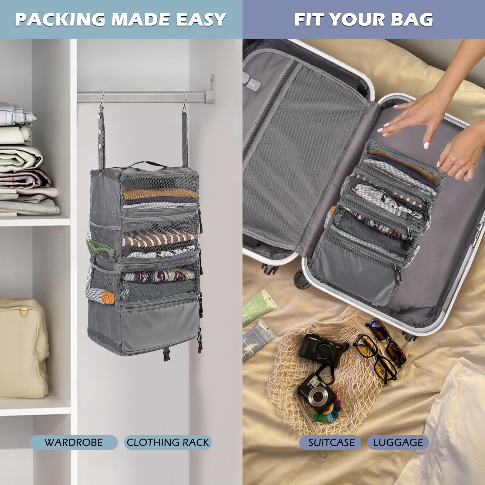 引っ掛け収納 バッグ 雑貨 収納 ポーチ グレー 150×35cm Amazon｜Surblue 吊り下げ収納ボックス クローゼット スーツケース