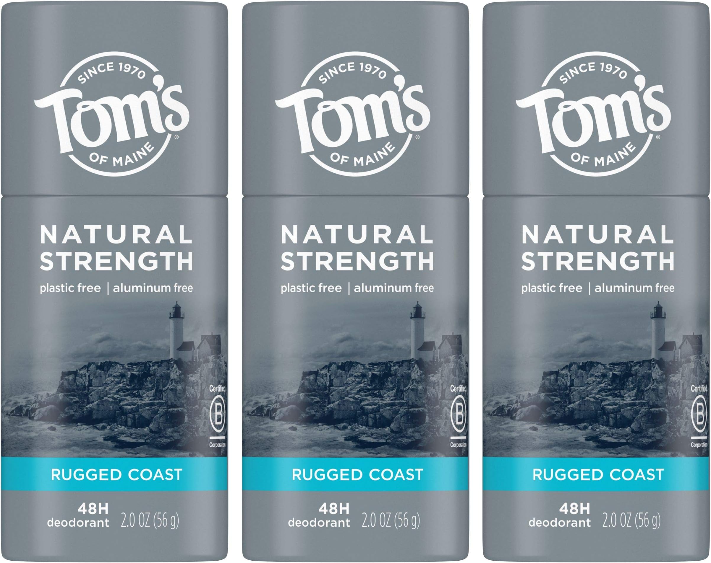 Tom's of Maine Natural Strength Plastic-Free Aluminum-Free Deodorant for Men, Rugged Coast, 2 oz. 3-Pack (Packaging May Vary)