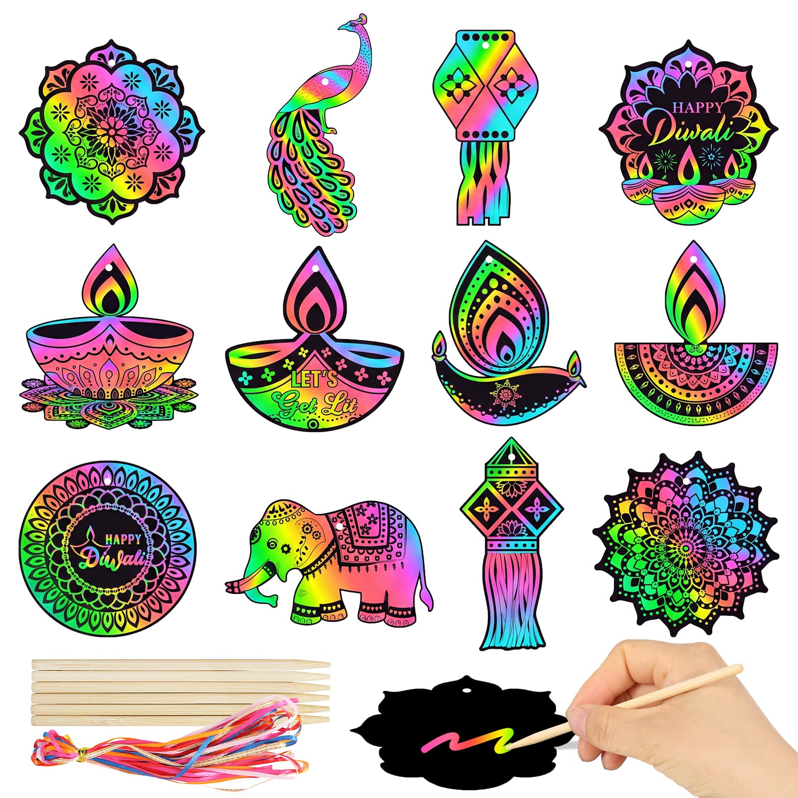 Diwali Scratch Art, 24Pcs Diwali Hanging Ornaments Diwali Crafts for Kids