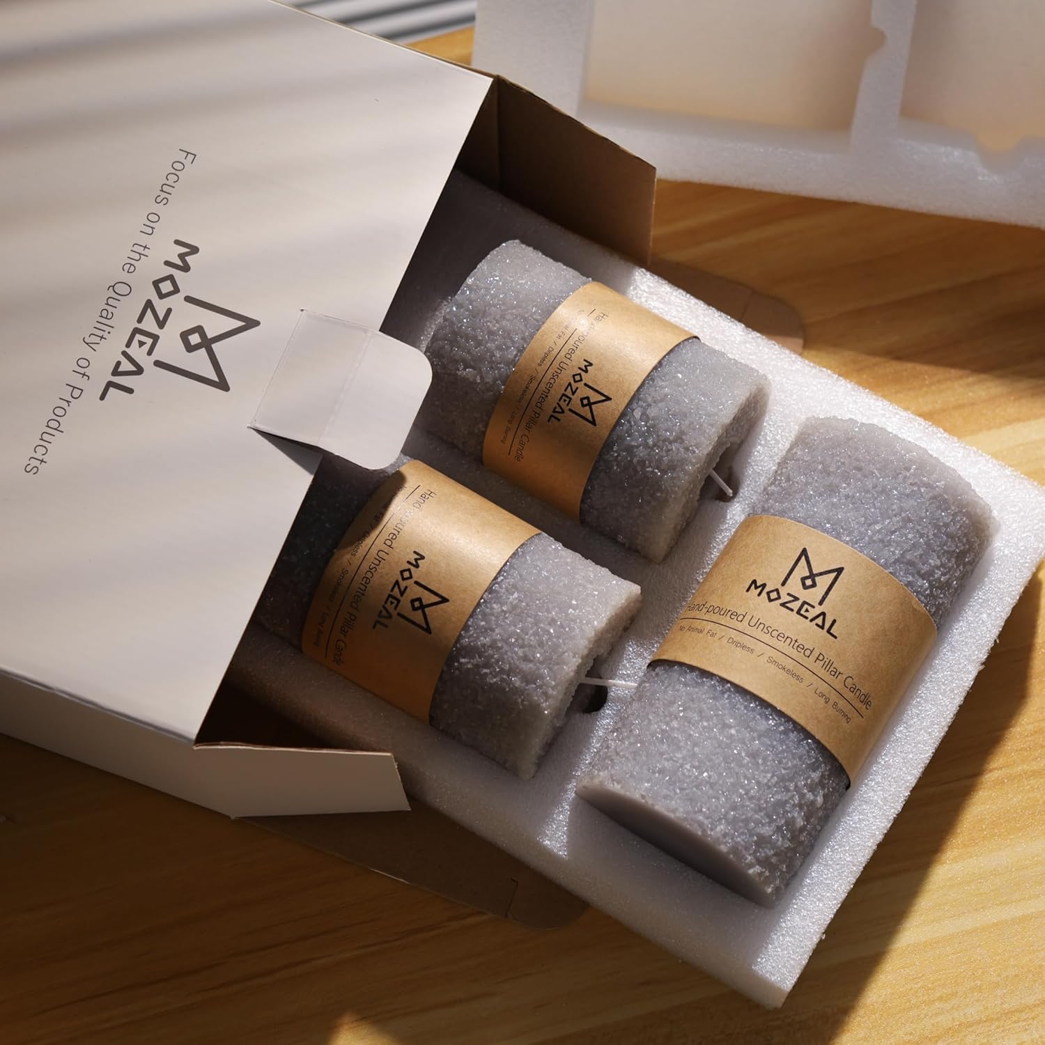 MOZEAL Hand-Poured Granular Texture Decorative Gray Pillar Candles Set of 3 (3'x4' 5' 6'),Approx 300 Hours Burn Time Dripless, Unscented, Smokeless - Image 6