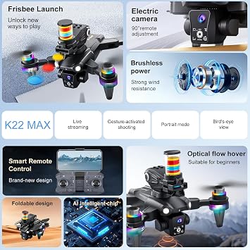 OBEST RC Drone for Adults, Dual 1080P HD Camera Brushless FPV Quadcopter, Disc Launch Takeoff, Gesture Control Photo Video, Color LED Lights & 2 Batteries