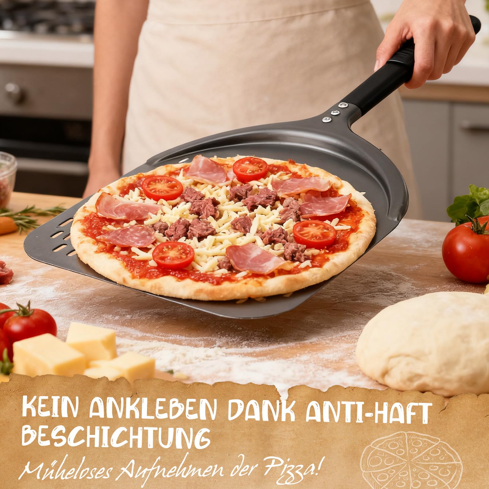 Pala per pizza [38,5 x 30,5 x 72,5 cm), pala per pizza in alluminio nero, non si attacca grazie al rivestimento antiaderente per forno e pietra per pizza