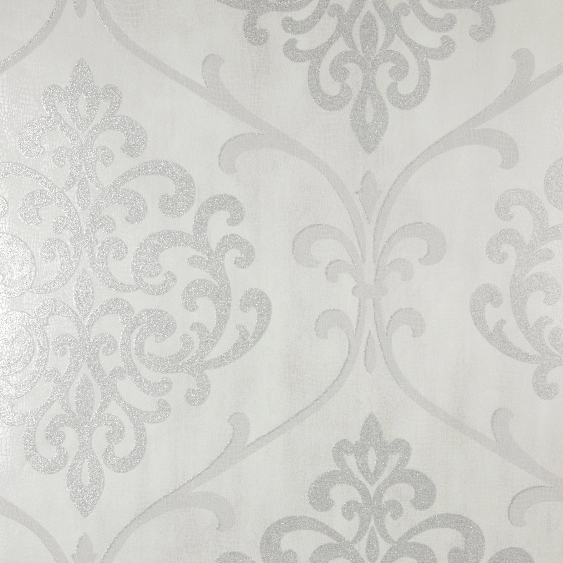 Kenneth James 2542-20717 Ambrosia Silver Glitter Damask Wallpaper, Silver