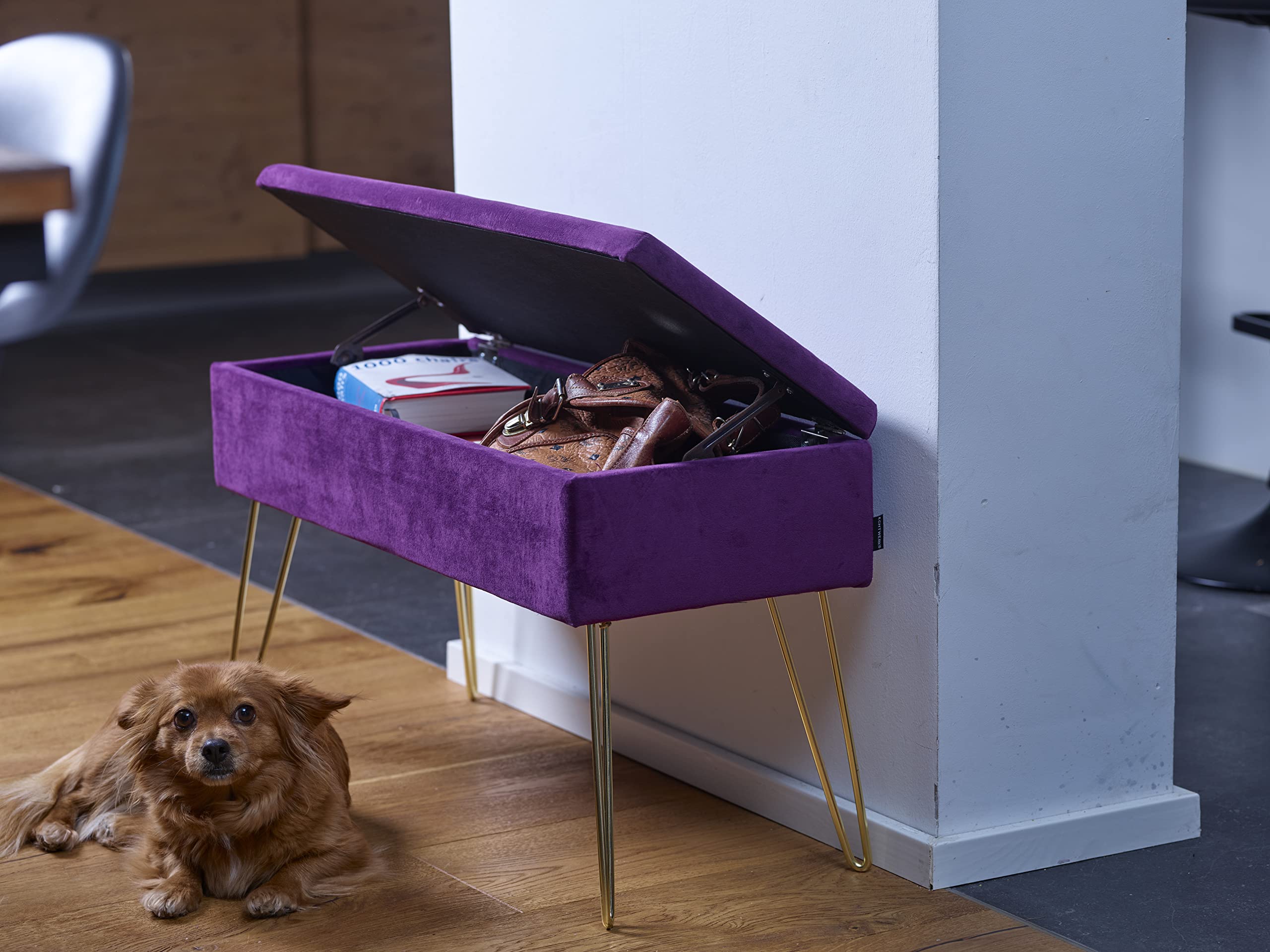 ECHTWERK Banquete Scarlett-Banco Acolchado con Funda de Terciopelo (Rectangular, con Espacio de Almacenamiento, Patas de Metal, Baya), Mezcla de poliéster, Frutas del Bosque, 75 x 30 x 42 cm