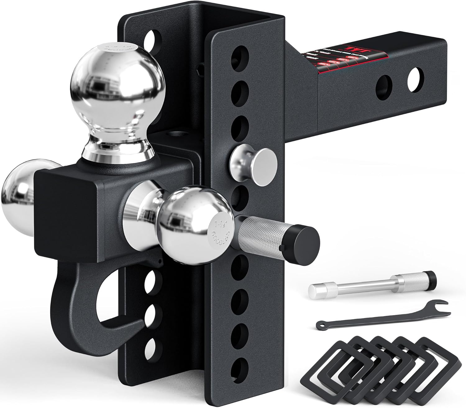 TYT Tri-Ball Mount Adjustable Trailer Hitch with Tow Hook, Fits 2-Inch Receiver, 4.5-Inch Rise/Drop, 1-7/8", 2", & 2-5/16" Balls, Heavy-Duty Towing Hitch with Locks and Pin with Hook