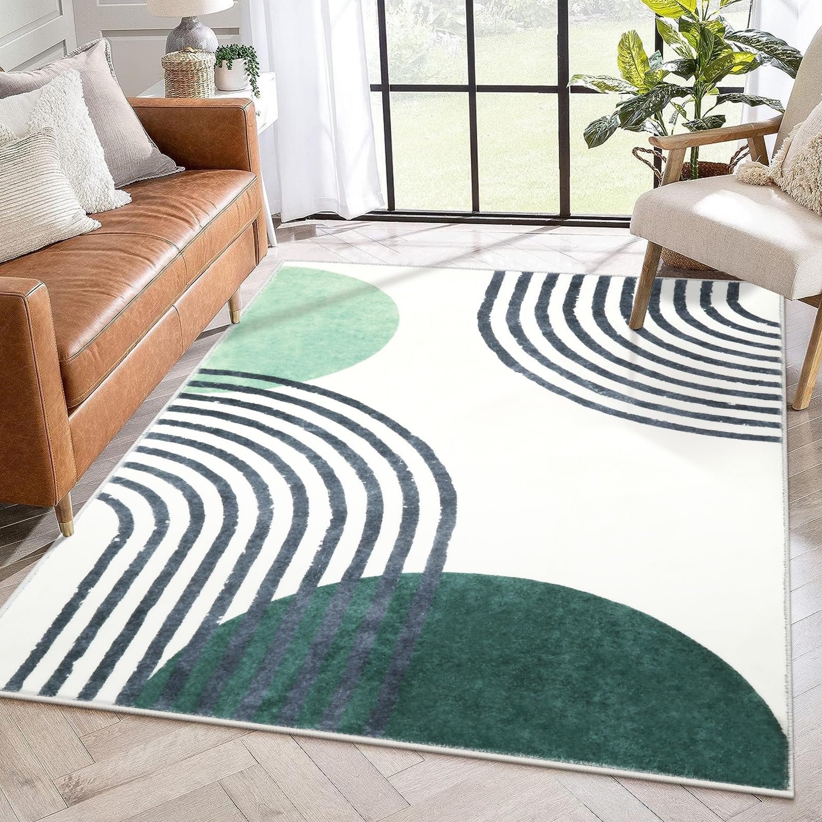 Wonnitar Boho 4x6 Area Rug,Green Rugs for Bedroom,Washable Rug for Nursery Non-Slip Soft Rug for Kids Room,Bohemian Art Low Pile Print Floor Carpet for Office Bath Living Room