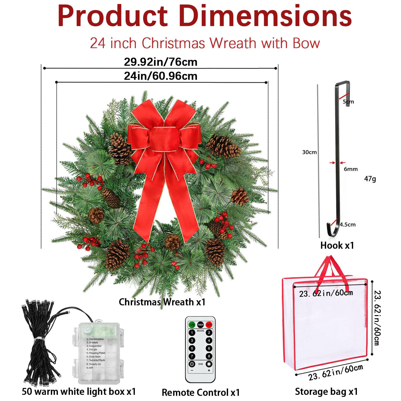 Decoraciones de corona de Navidad de 24 pulgadas, coronas artificiales con 50 luces LED, 8 modos y temporizador, funciona con pilas, 144 puntas de PVC, lazo rojo grande, conos de pino, bayas para