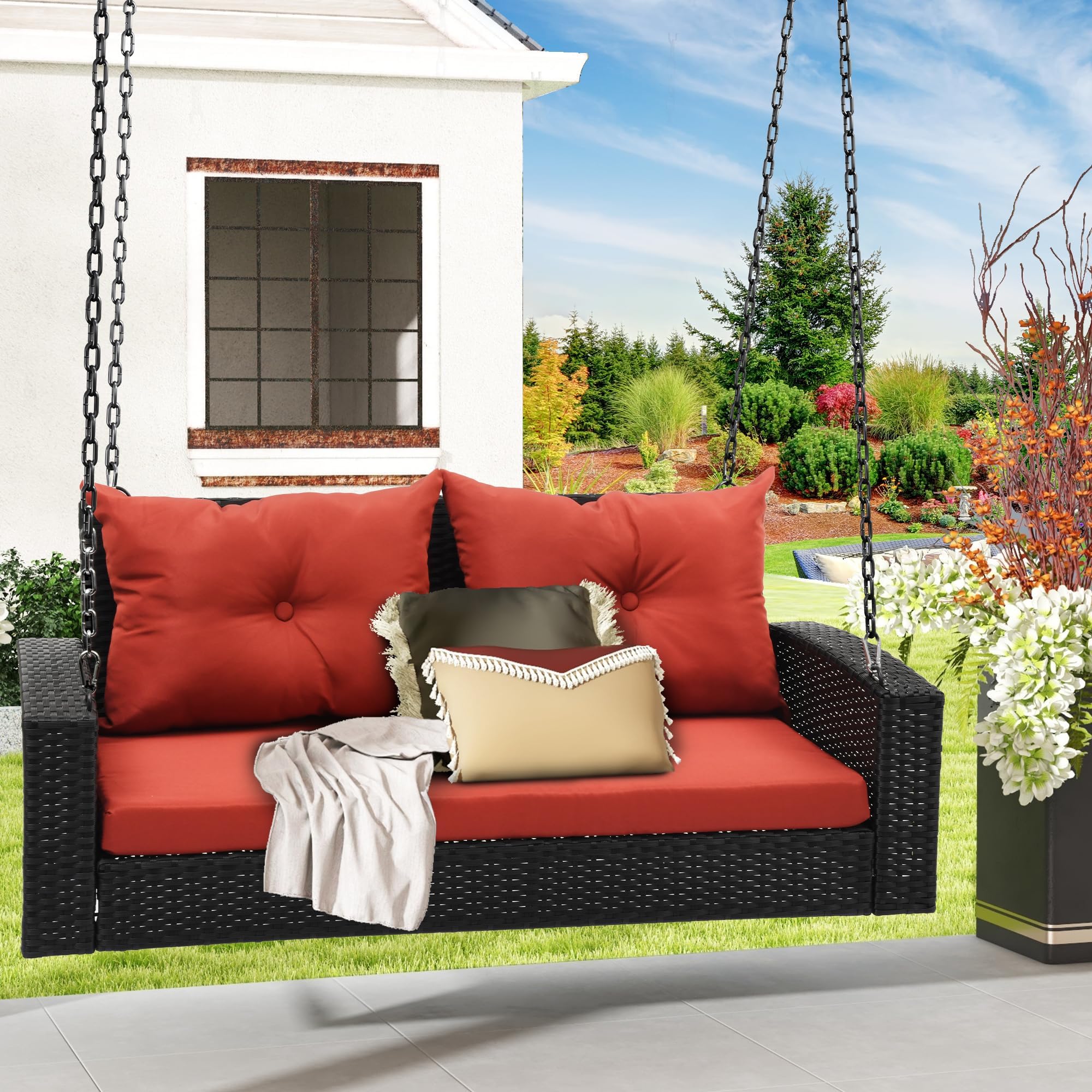 DWVO Hanging Porch Swing Chair Outdoor Wicker Rattan Patio Swing Lounge 2 Seats Cushions Capacity 530lbs for Balcony, Garden, Living Room, Black Rattan Red Cushion
