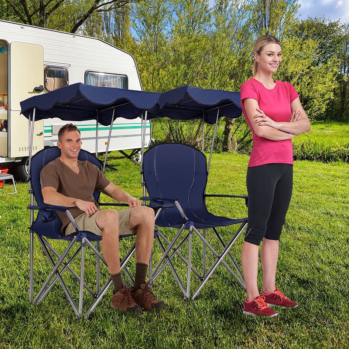 RELAX4LIFE Chaise de Camping Pliante avec Toit Parasol,Porte-Boisson, Chaise de Pêche en Cadre Métallique Charge Max 120 kg pour Camping Pêche Excursion Plage (Bleu)