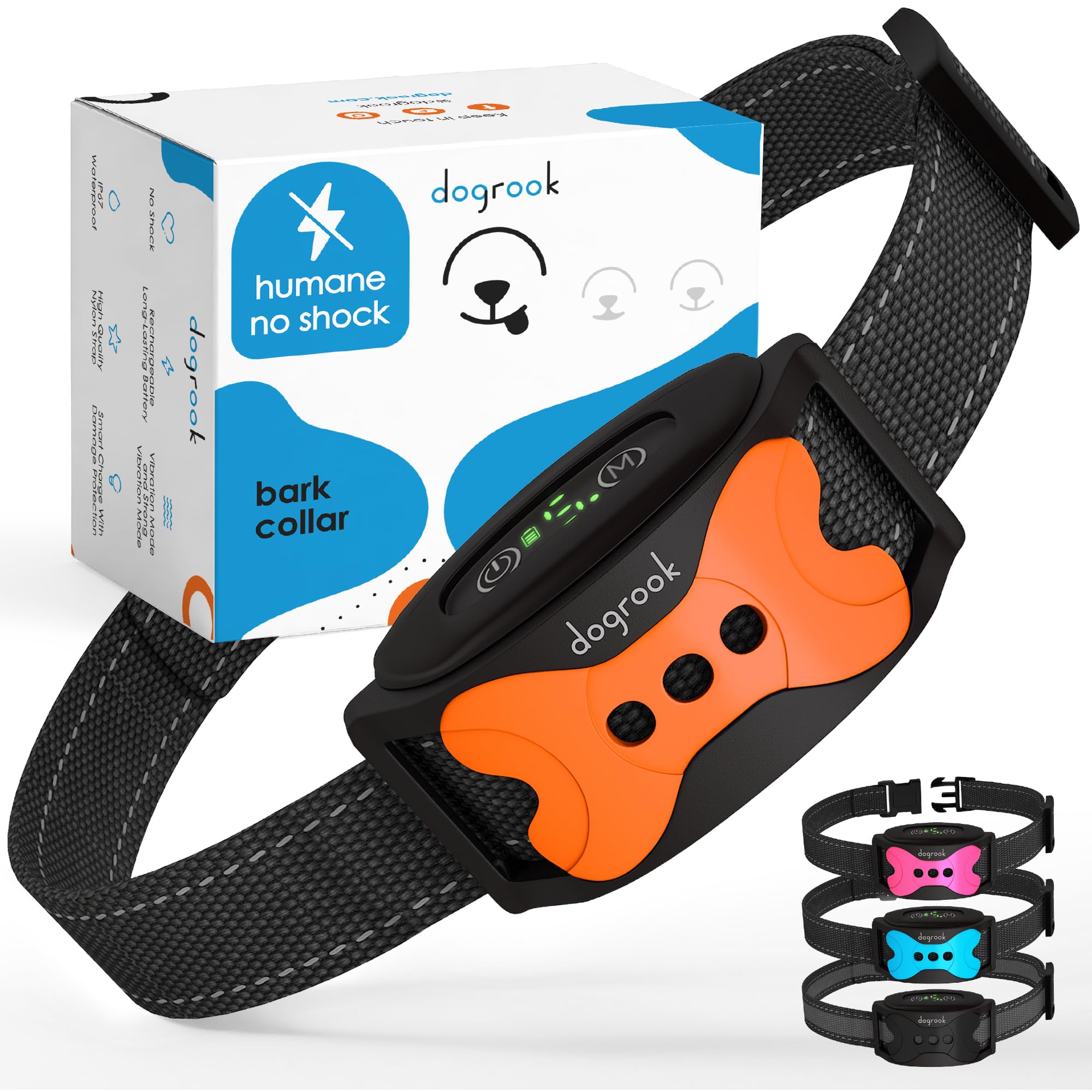 Dogrook Humane No Shock Rechargable Beep &amp; Vibration Bark Collar for Dogs