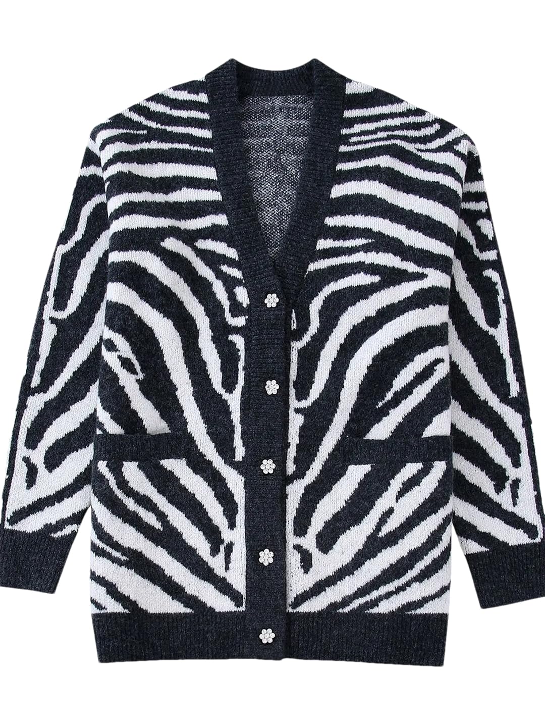 Disimlarl Chaqueta de punto con estampado de cebra para mujer, cuello en V, holgada, de manga larga, abrigo chic femenino