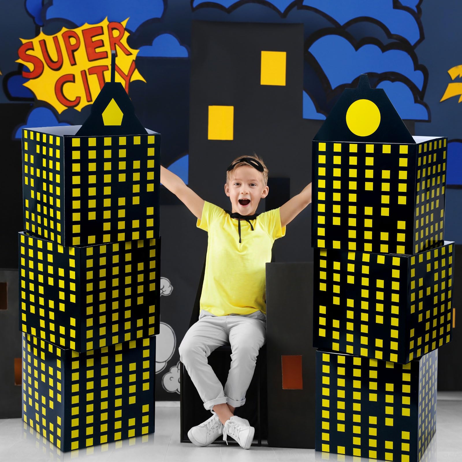 6 cajas grandes de recuerdo de fiesta de héroe de 11 pulgadas, cajas de regalo de rascacielos de ciudad, cajas de regalo grandes con temática de héroe, cajas de dulces con diseño de horizonte de la
