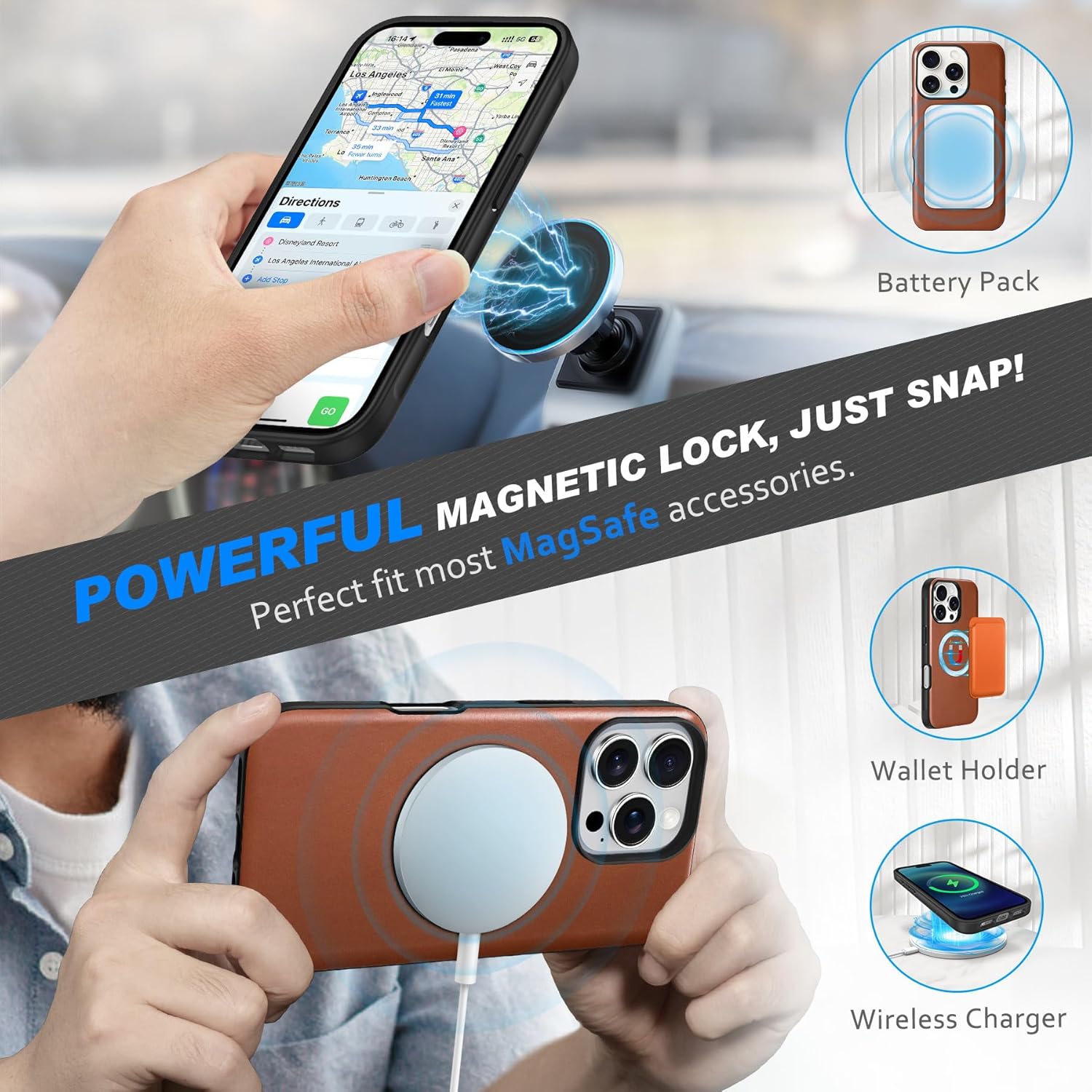 SHIELDON Case for iPhone 16 Pro Max 6.9", Genuine Leather 2 in 1 Wallet Kickstand RFID Blocking Card Holder Magnetic Shockproof Wireless Charging Case Compatible with iPhone 16 Pro Max - Retro Brown - Image 4