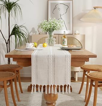 Rustic Boho Table Runner, Linen Table Runner, Farmhouse Table Runners 72 Inches Long for Dining Table Decor, 13x72 Inches, Ivory